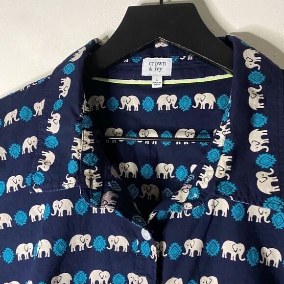Crown & Ivy Elephant Print Button Down Shirt Size L - Picture 3 of 9
